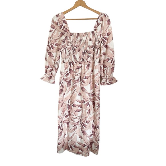 House of Harlow 1960 Smocked Palm leaf Lilen Blend Long Sleeve Midi Dress size S - Picture 3 of 6